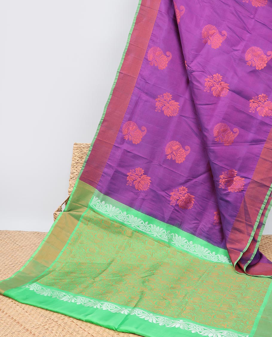 Purple zari buttas uppada saree, contrast plain border & intricate pallu