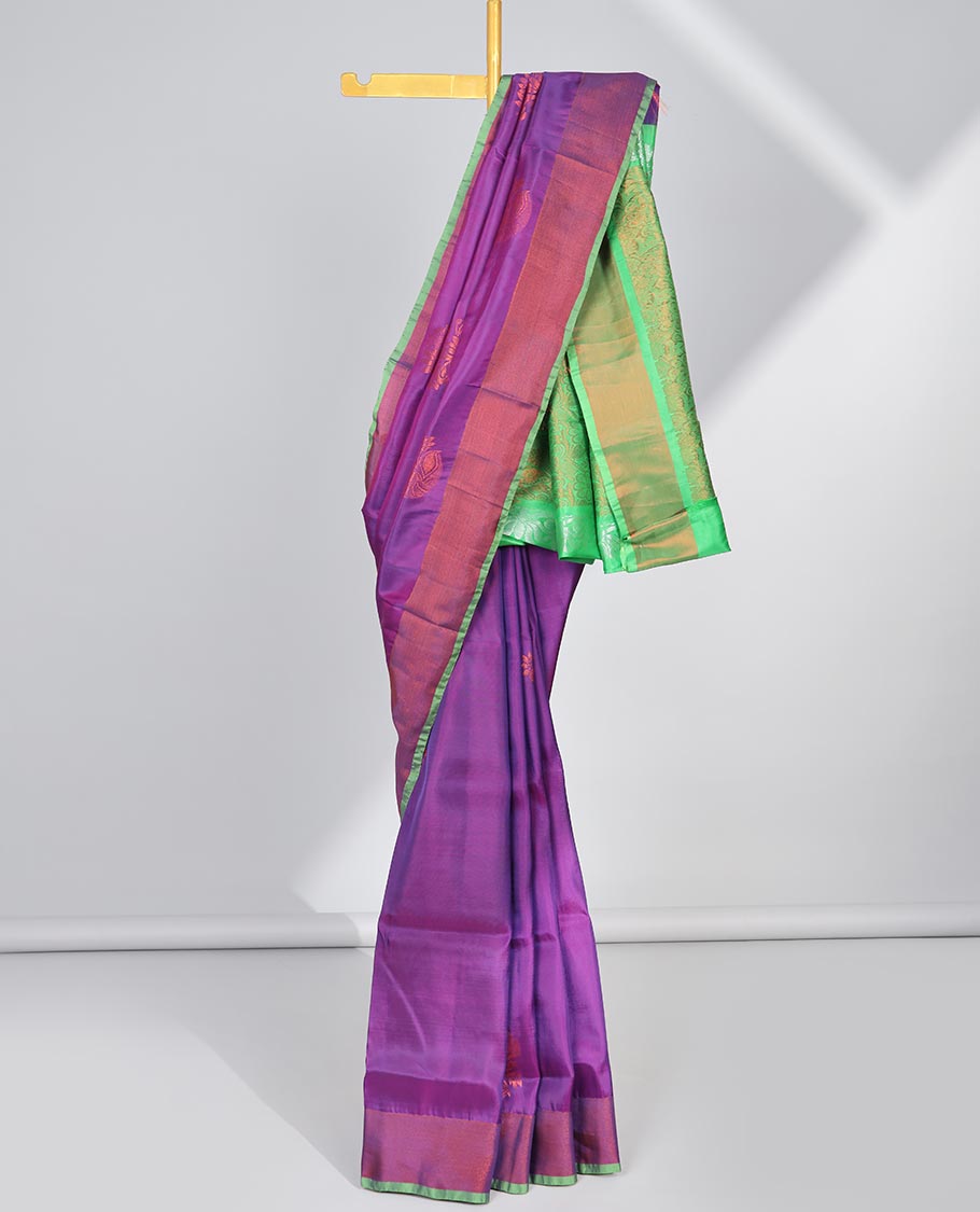 Purple zari buttas uppada saree, contrast plain border & intricate pallu