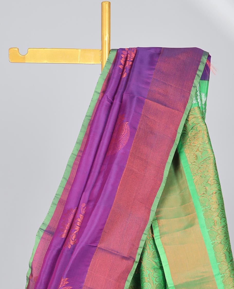 Purple zari buttas uppada saree, contrast plain border & intricate pallu