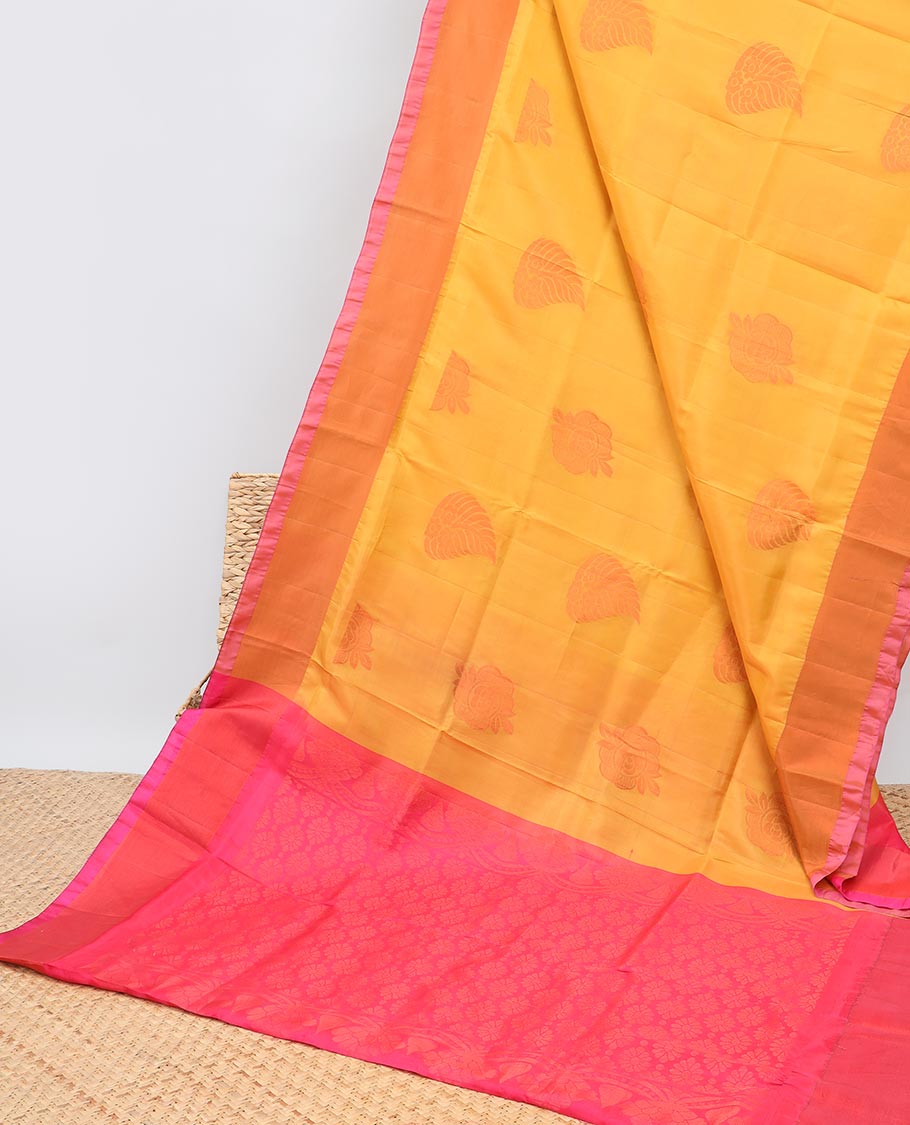 Yellow zari buttas uppada saree, contrast plain border & intricate pallu