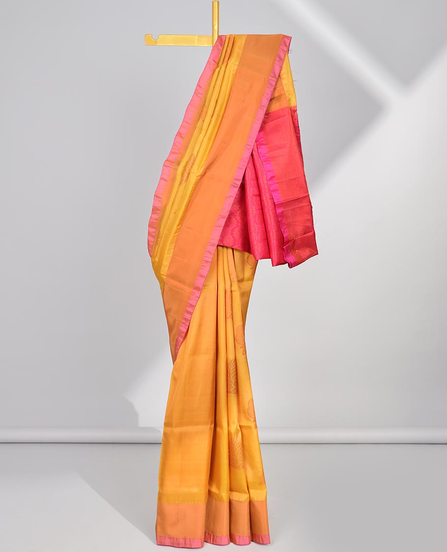 Yellow zari buttas uppada saree, contrast plain border & intricate pallu