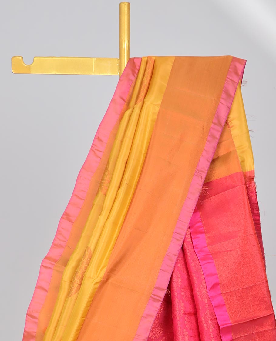 Yellow zari buttas uppada saree, contrast plain border & intricate pallu