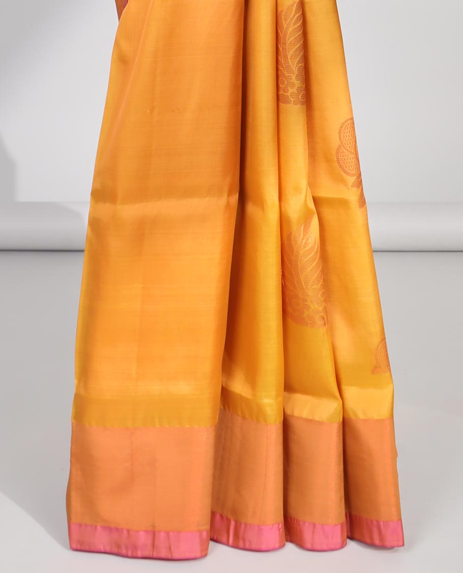 Yellow zari buttas uppada saree, contrast plain border & intricate pallu