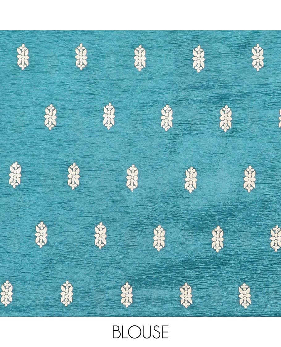 Borderless blue crushed tissue saree with buttas & pichwai cow buttas, intricate pallu