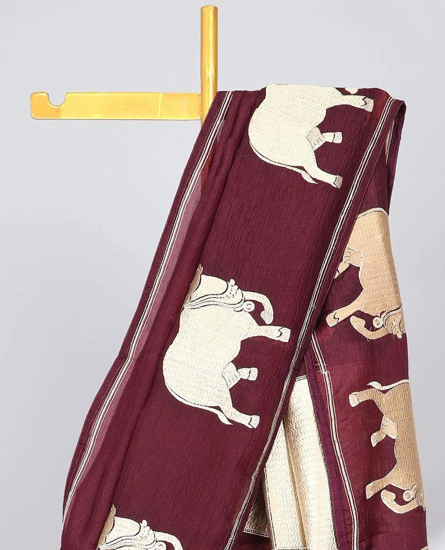 Borderless green crushed tissue saree with buttas & pichwai cow buttas, intricate pallu