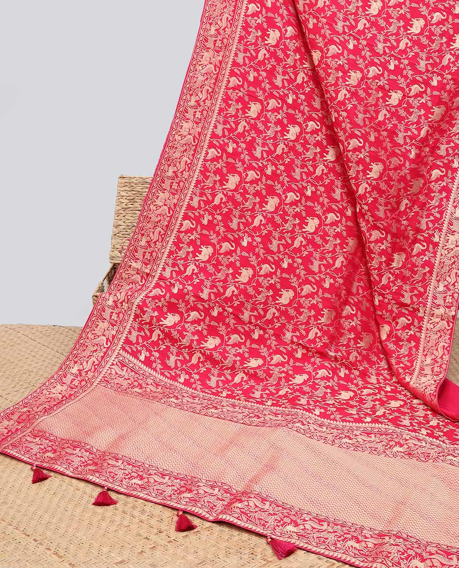 Blue floral & animal jacquard semi-banaras dola silk saree, floral & animal designs & chevron design pallu