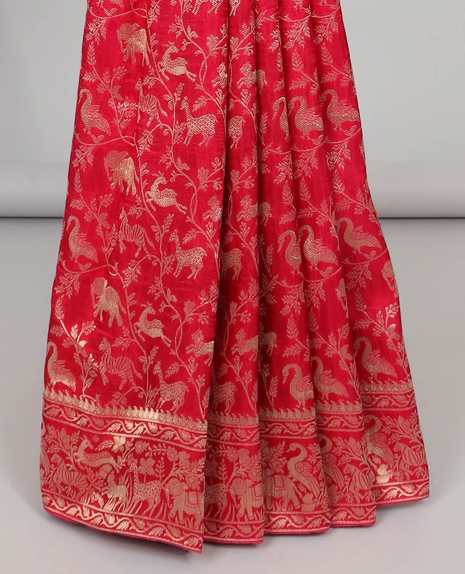 Blue floral & animal jacquard semi-banaras dola silk saree, floral & animal designs & chevron design pallu