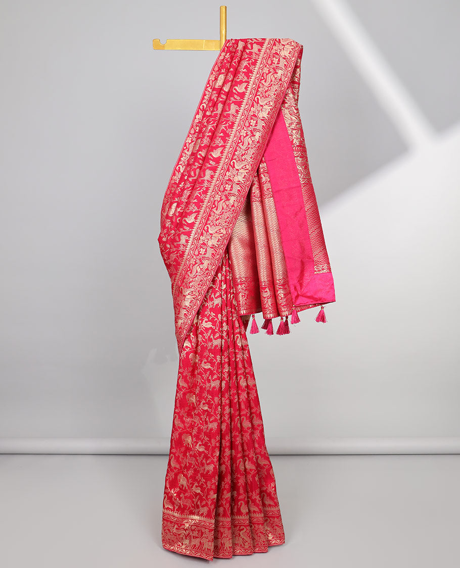 Blue floral & animal jacquard semi-banaras dola silk saree, floral & animal designs & chevron design pallu
