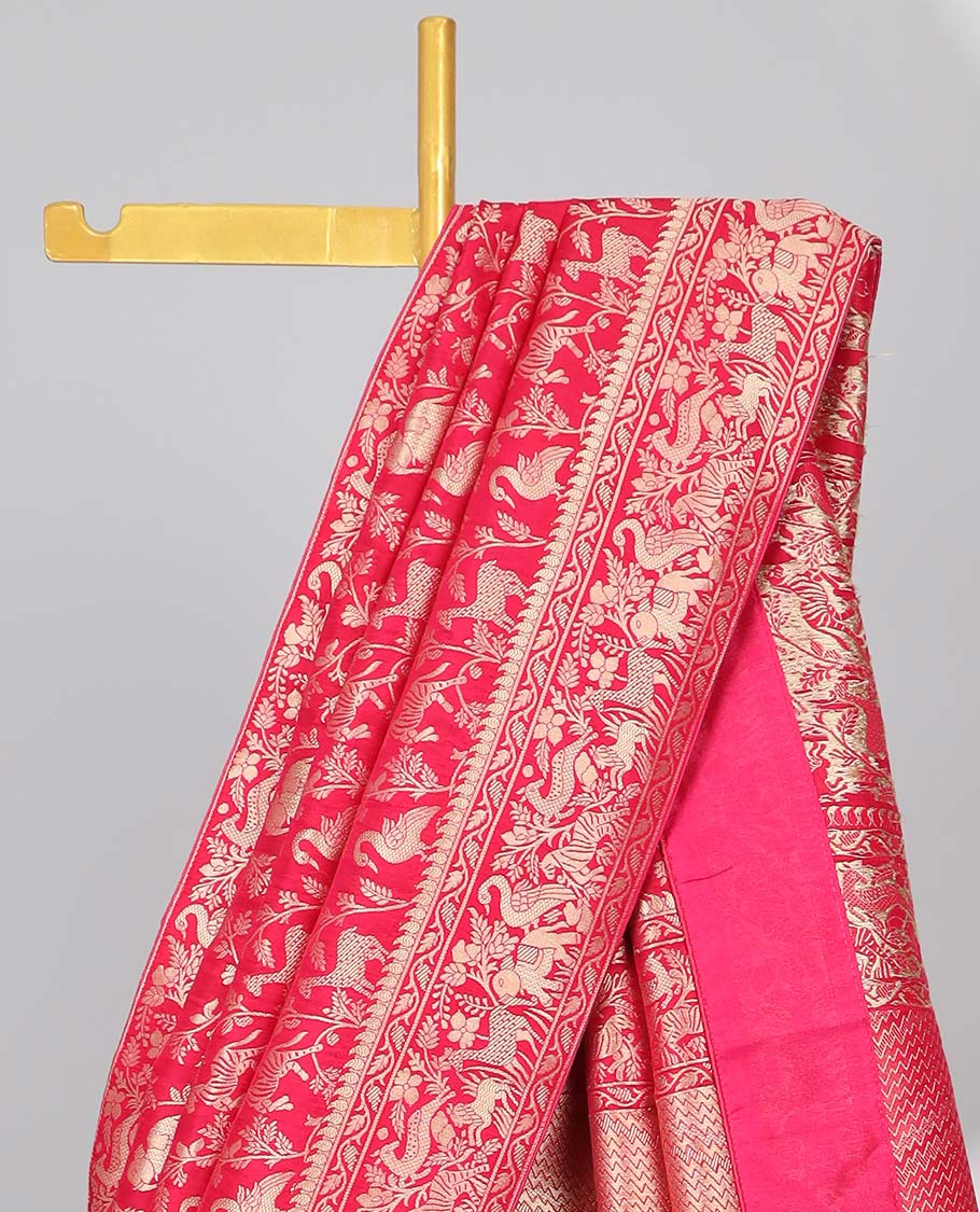 Blue floral & animal jacquard semi-banaras dola silk saree, floral & animal designs & chevron design pallu