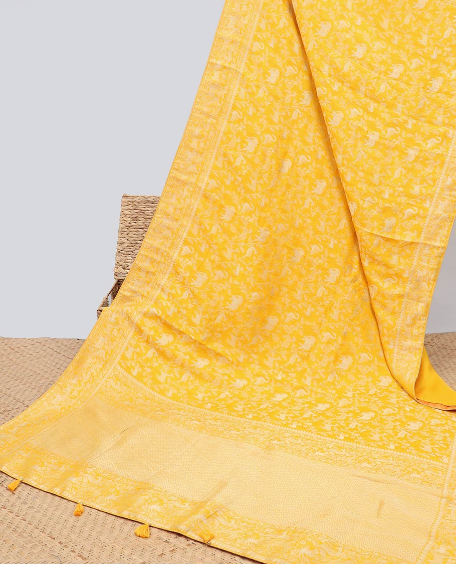 Blue floral & animal jacquard semi-banaras dola silk saree, floral & animal designs & chevron design pallu