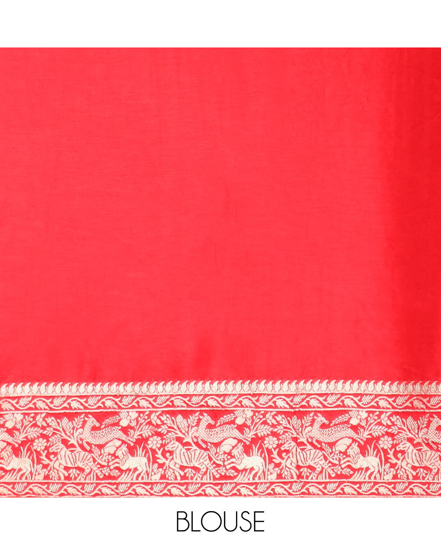 Blue floral & animal jacquard semi-banaras dola silk saree, floral & animal designs & chevron design pallu