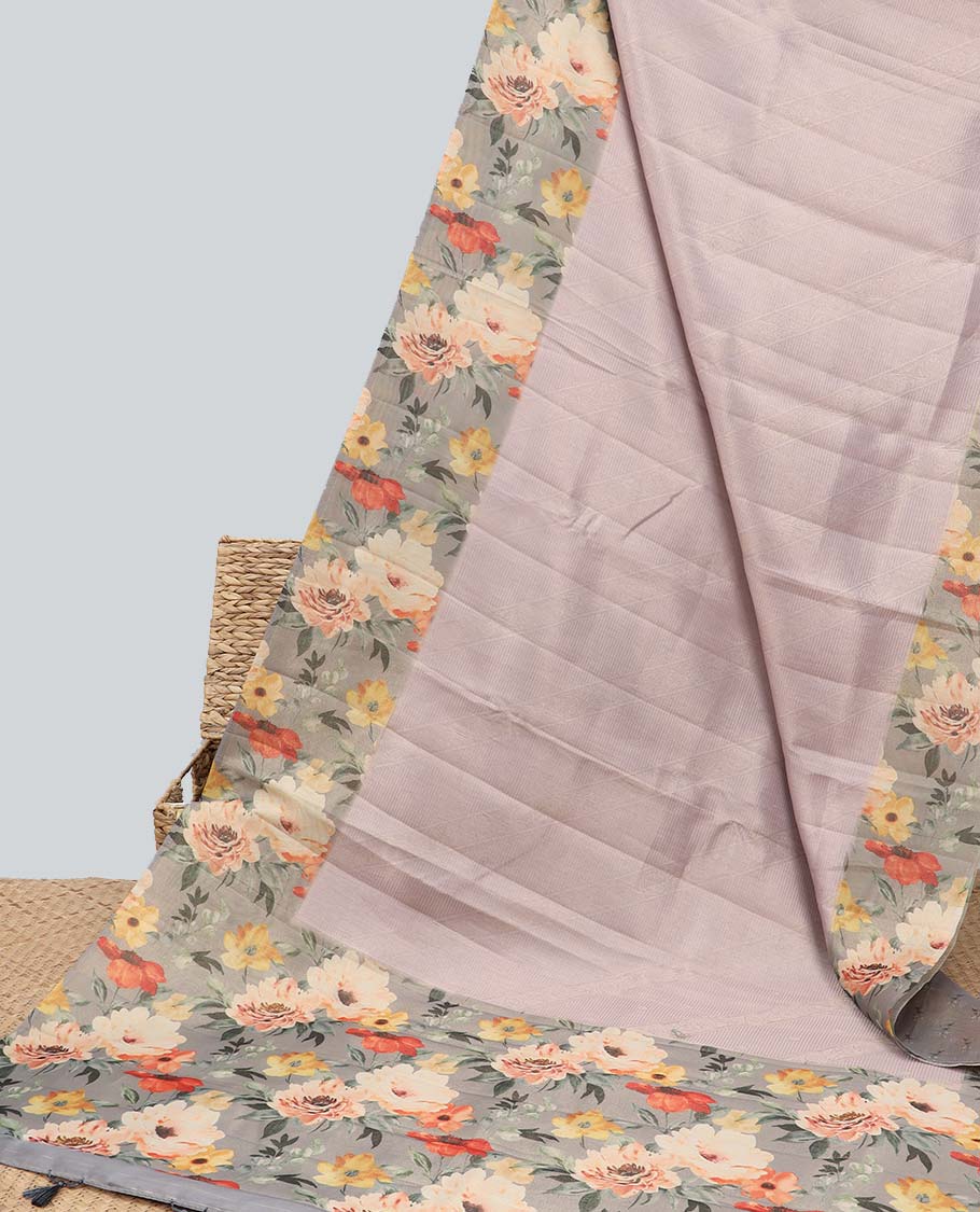Grey striped & floral print fancy saree, contrast border & pallu steeped with floral print