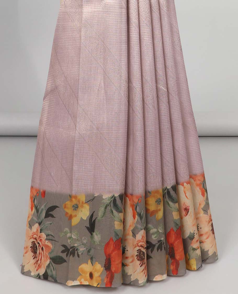 Grey striped & floral print fancy saree, contrast border & pallu steeped with floral print