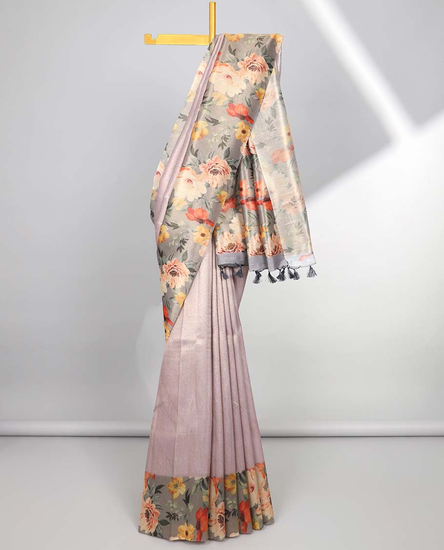 Grey striped & floral print fancy saree, contrast border & pallu steeped with floral print