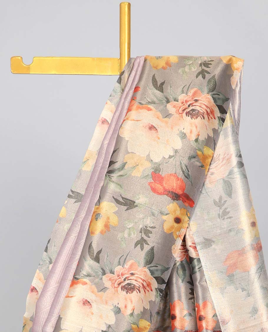 Grey striped & floral print fancy saree, contrast border & pallu steeped with floral print