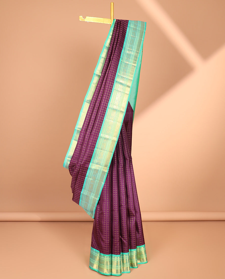 Purple checked silk saree, contrast korvai traditional zari design border & intricate pallu