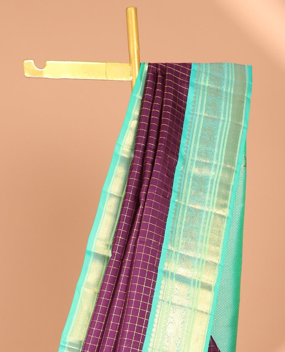 Purple checked silk saree, contrast korvai traditional zari design border & intricate pallu