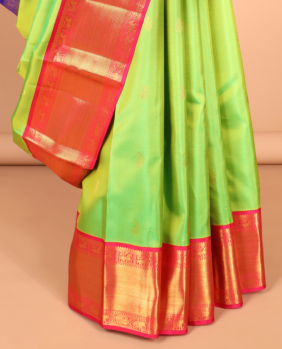 Green zari buttas silksaree,contrast jaal pallu & ganga jamuna border of rekku,mayil,yaanai & kuthirai