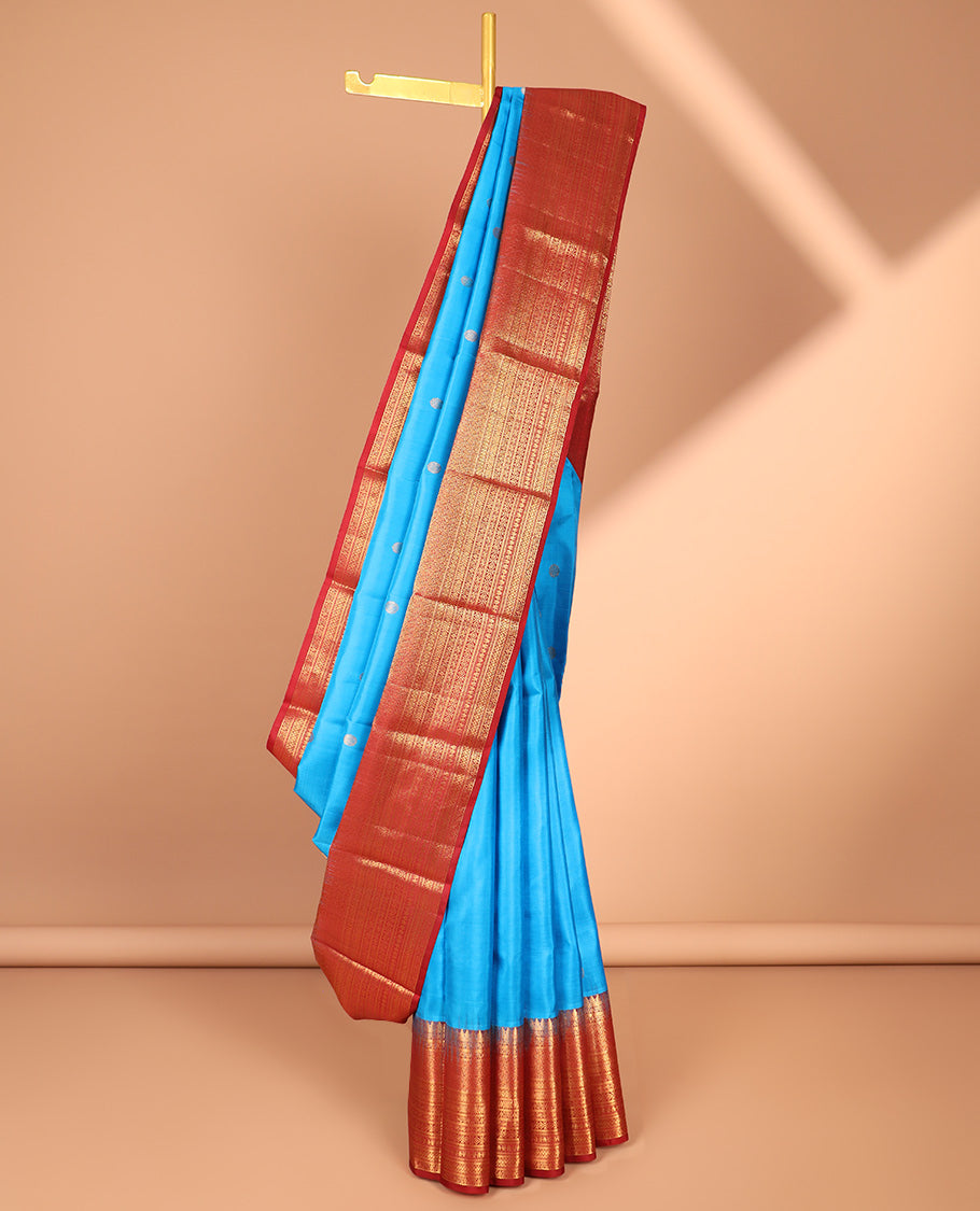 Blue zari buttas silk saree, contrast traditional zari design steeped border & intricate jaal pallu