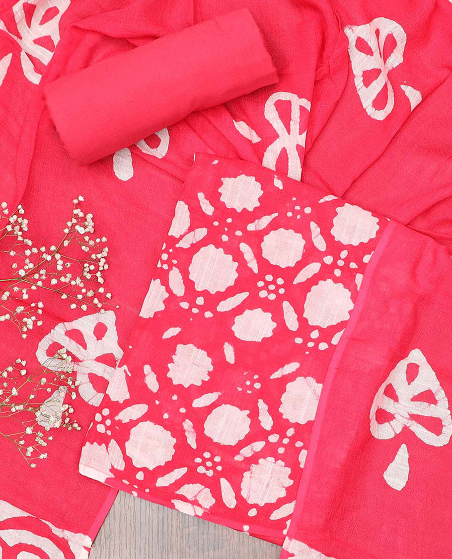 Pink material chudidhar set, batik printed cotton top, plain bottom & batik printed dupatta