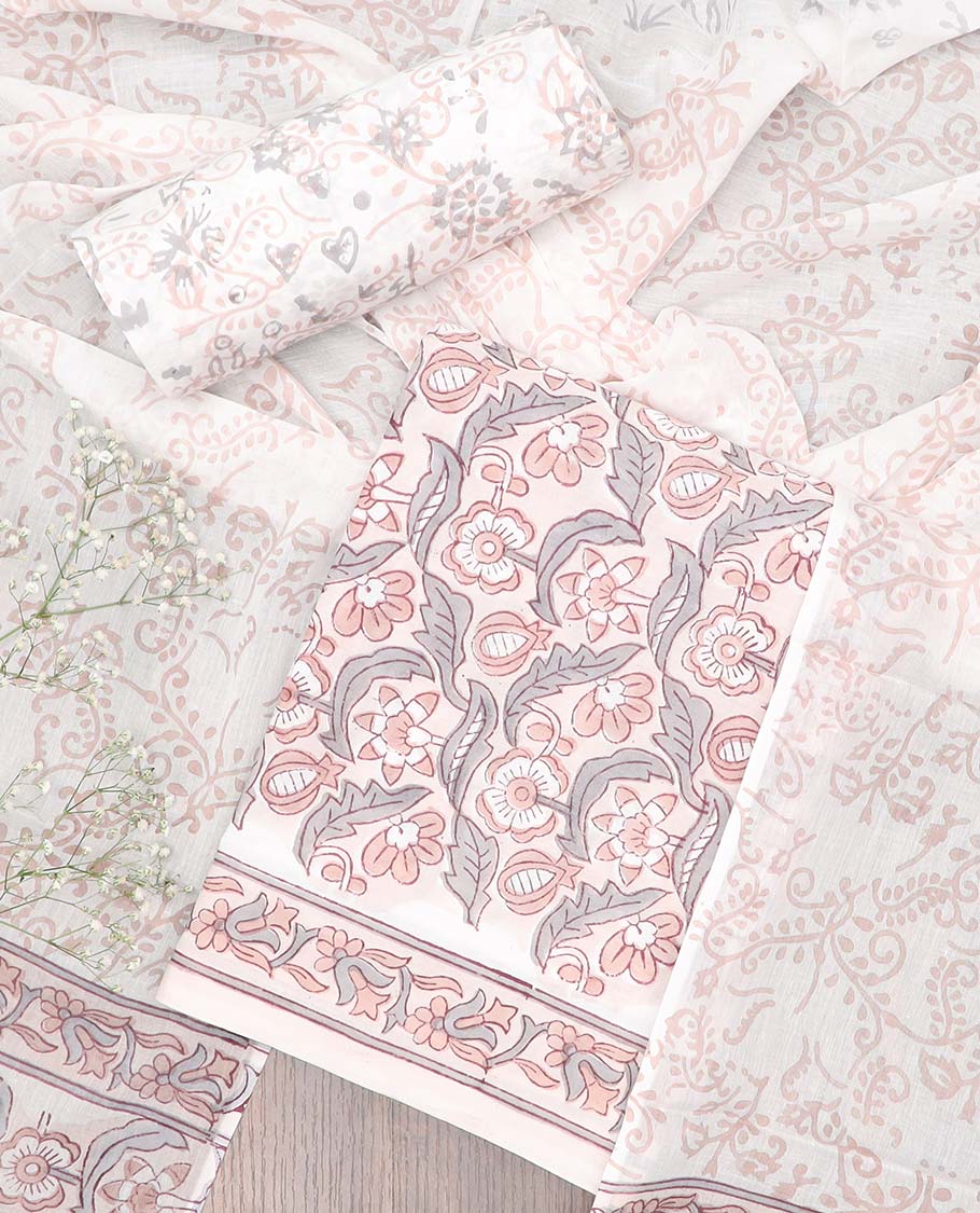 Cream material chudidhar set, floral printed cotton top, floral printed bottom & dupatta