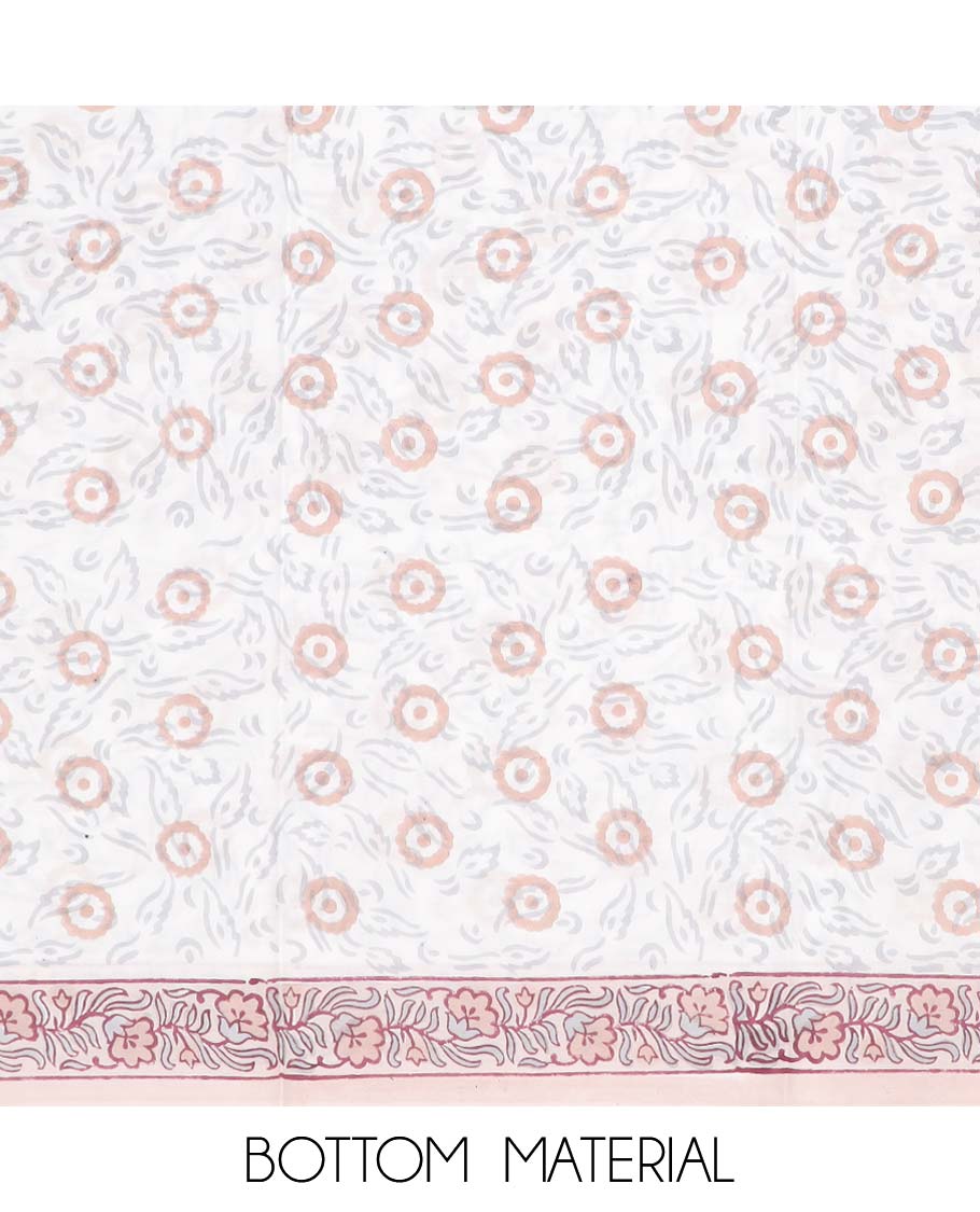 Peach material chudidhar set, floral motifs printed top, contrast bottom & dupatta of floral print