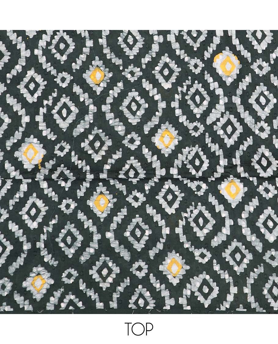Green material chudidhar set, batik printed cotton top, contrast plain bottom & checked dupatta