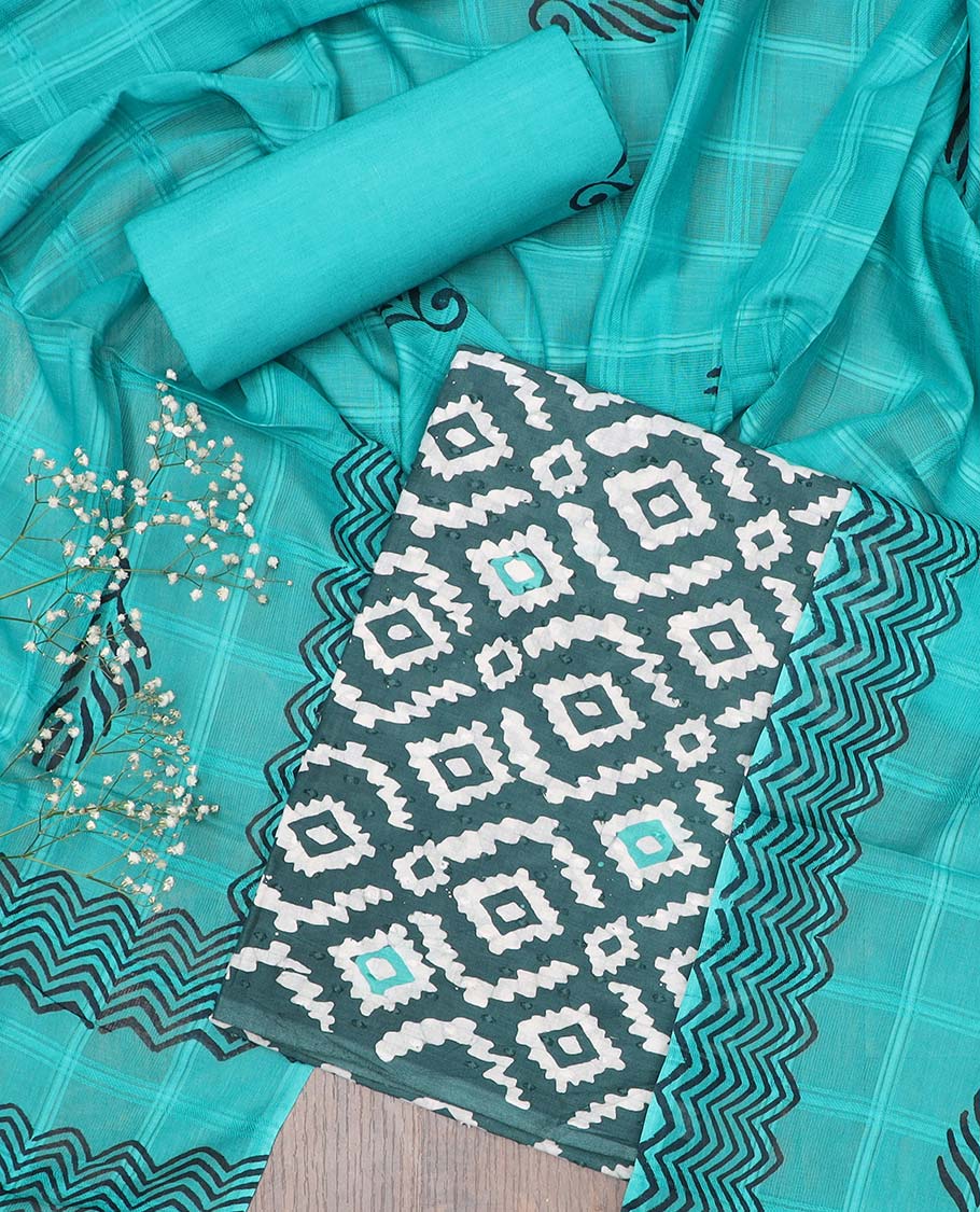 Blue material chudidhar set, batik printed cotton top, contrast batik printed bottom & dupatta