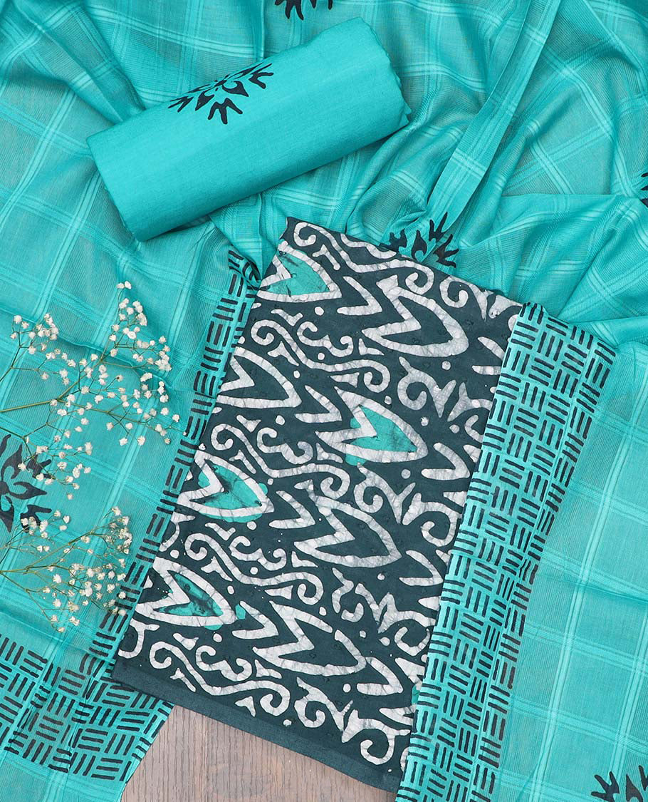 Blue material chudidhar set, batik printed cotton top, contrast batik printed bottom & dupatta