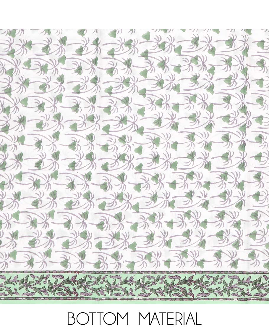 Green material chudidhar set, floral printed cotton saree, contrast vine printed bottom & floral printed dupatta