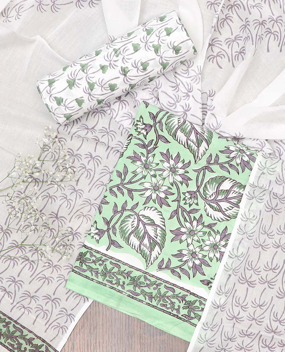 Green material chudidhar set, floral printed cotton saree, contrast vine printed bottom & floral printed dupatta