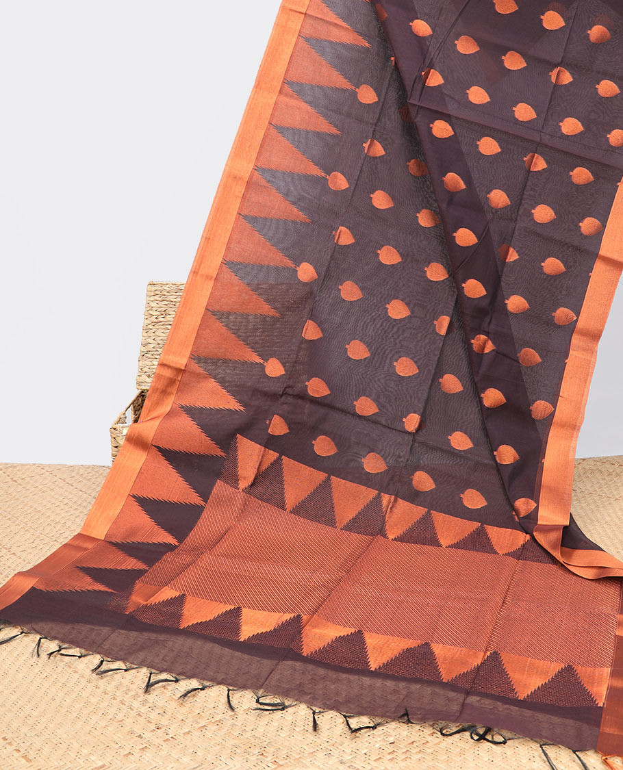 Brown zari buttas semi-silk cotton saree, temple border & diagonal striped pallu
