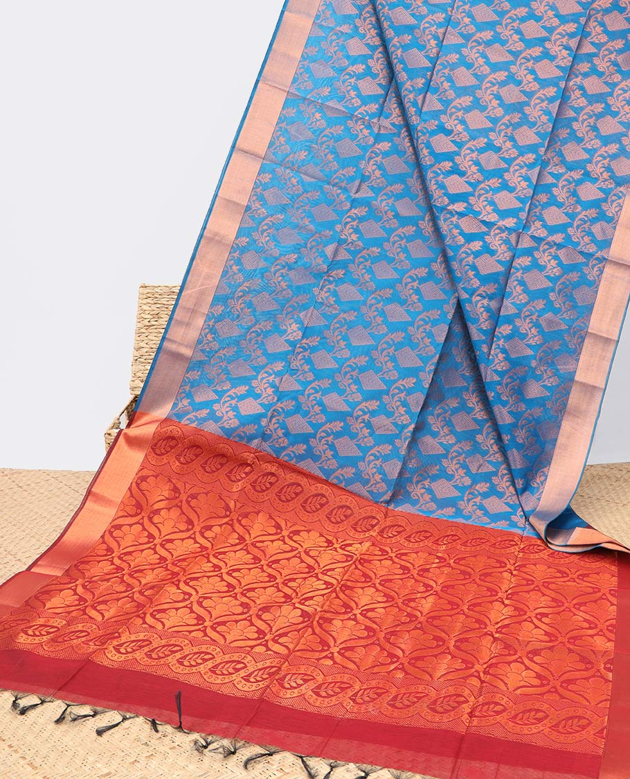 Blue jacquard semi-silk cotton saree, zari border & contrast ogee patterned pallu