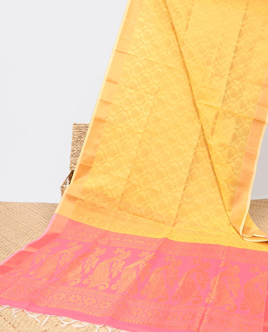 Yellow ogee patterned semi-silk cotton saree, zari border & contrast floral & paisley design pallu
