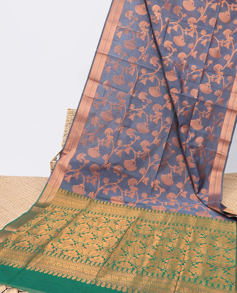 Grey floral jacquard semi-silk cotton saree, zari border & contrast traditional design pallu