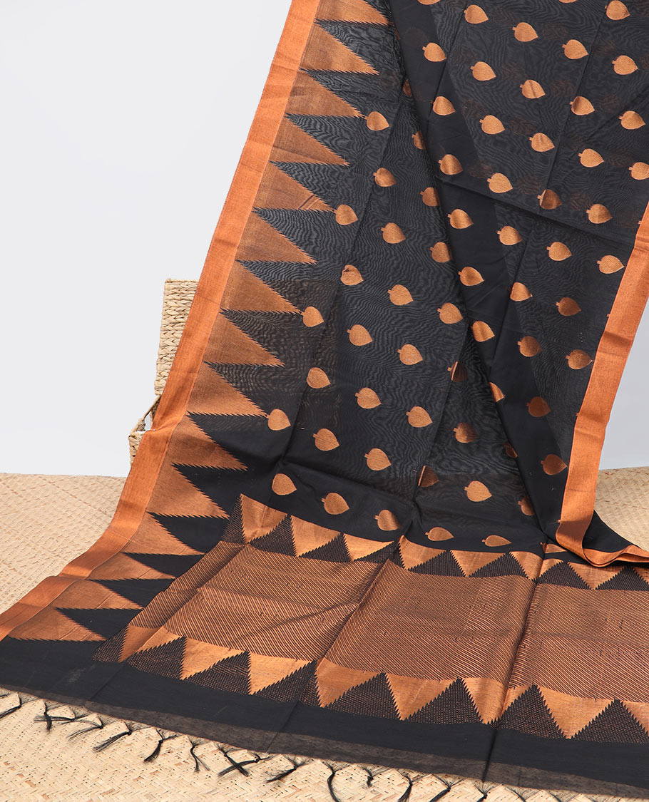 Black zari buttas semi-silk cotton saree, temple border & diagonal striped pallu