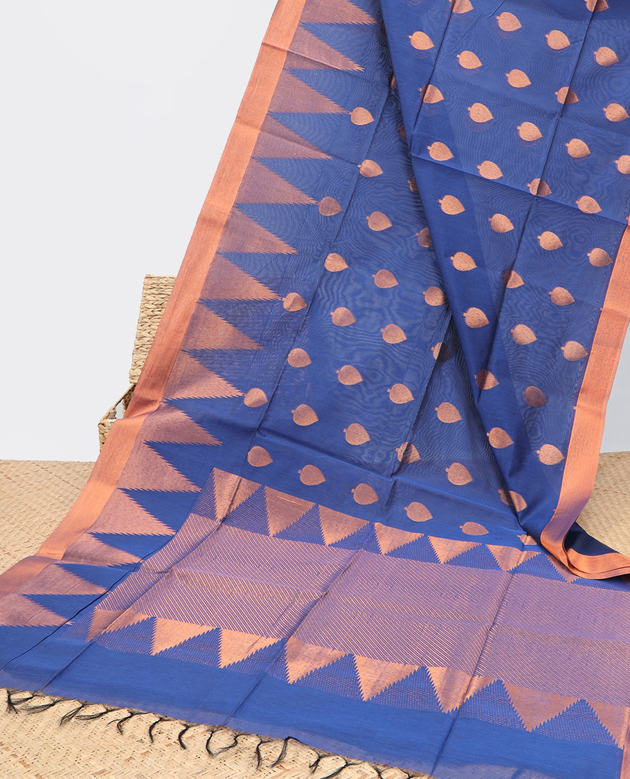 Blue zari buttas semi-silk cotton saree, temple border & diagonal striped pallu