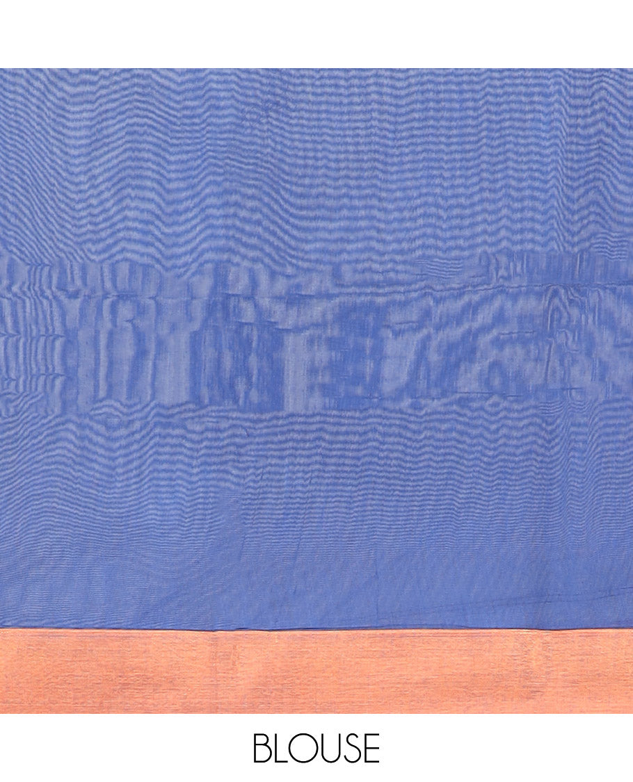 Blue zari buttas semi-silk cotton saree, temple border & diagonal striped pallu