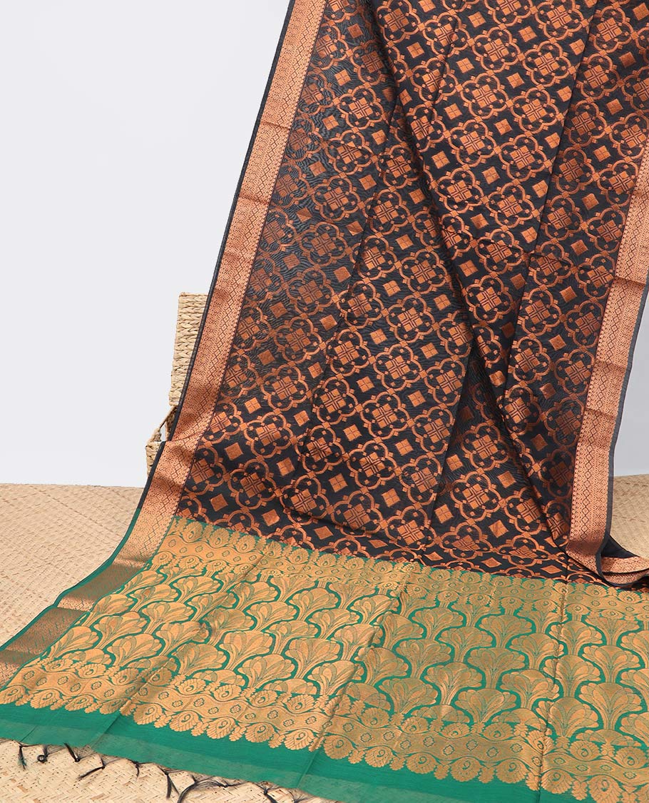 Brown jacquard semi-silk cotton saree, traditional zari design border & contrast intricate pallu