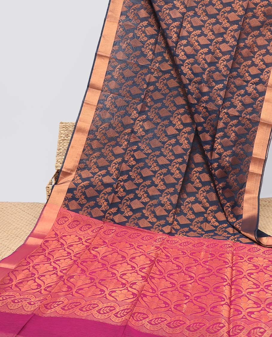 Blue jacquard semi-silk cotton saree, zari border & contrast ogee patterned pallu
