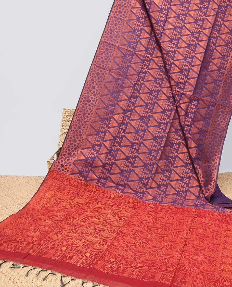 Purple jacquard semi-silk cotton saree, geometric patterned border & intricate pallu