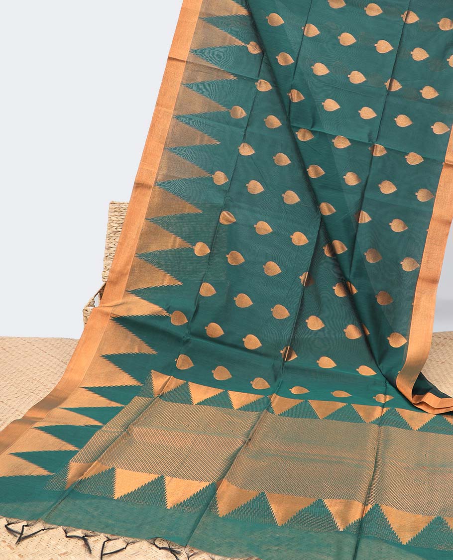 Green zari buttas semi-silk cotton saree, temple border & diagonal striped pallu