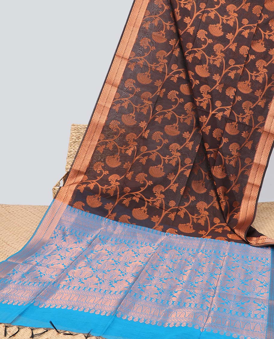 Brown floral jacquard semi-silk cotton saree, traditional zari design border & contrast intricate pallu