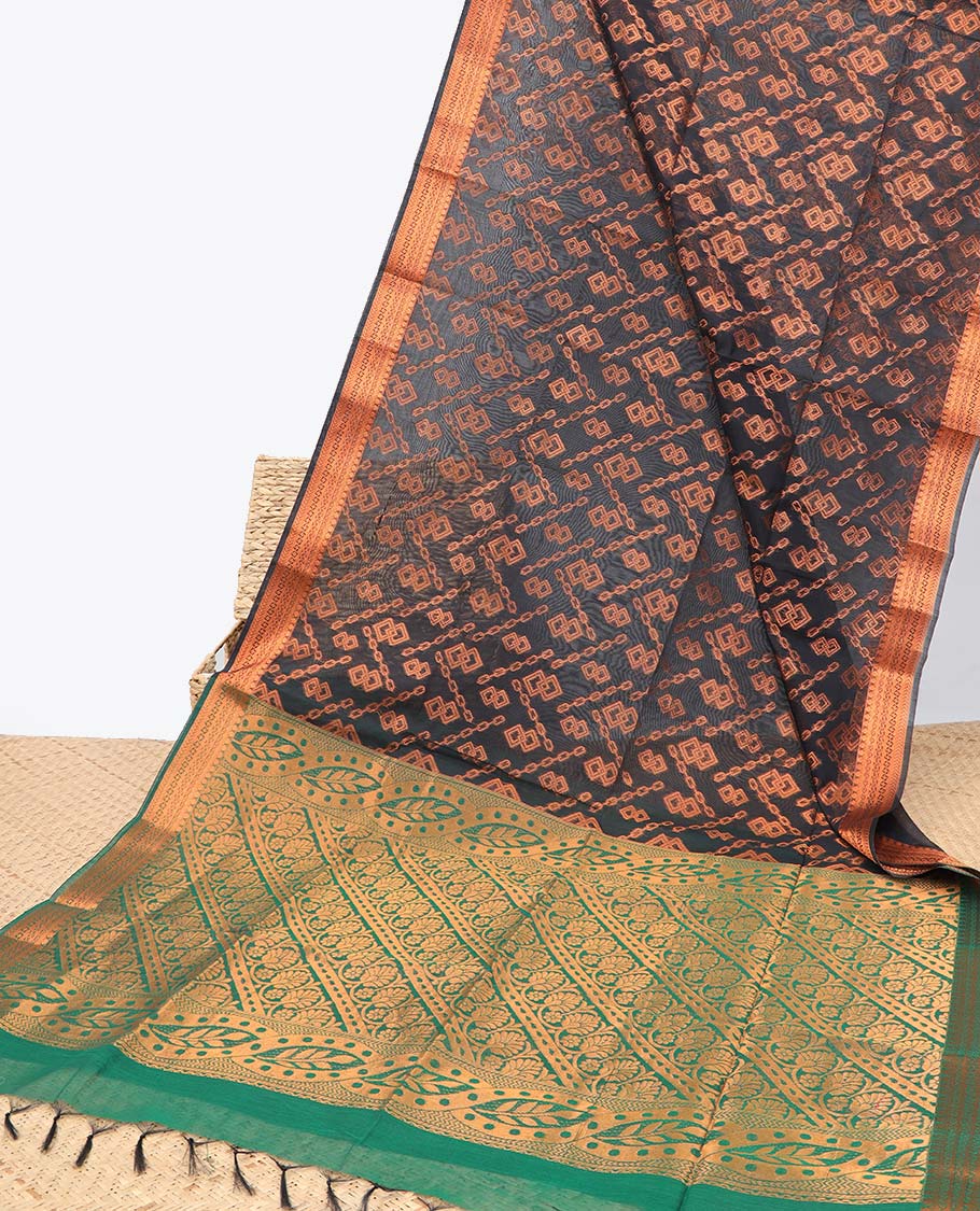 Brown jacquard semi-silk cotton saree, traditional zari border & contrast floral & paisley steeped pallu