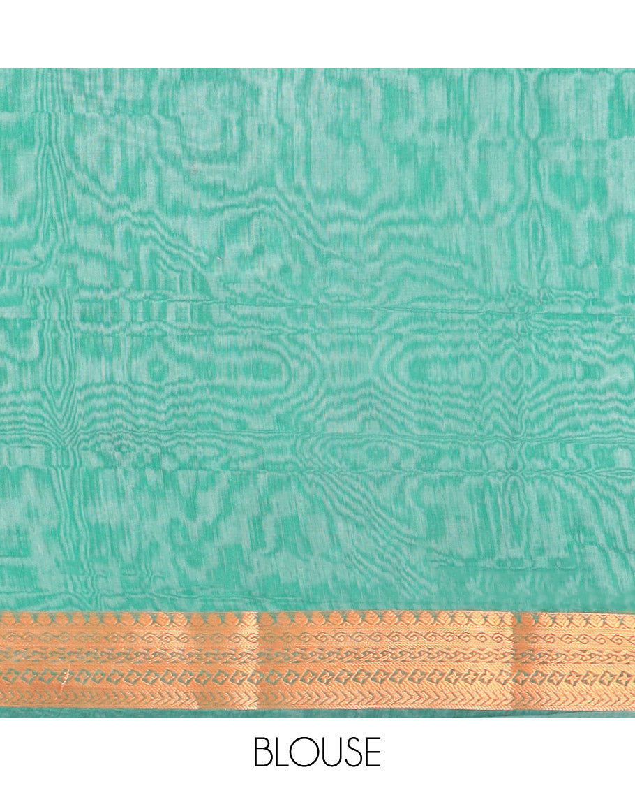 Brown jacquard semi-silk cotton saree, traditional zari border & contrast floral & paisley steeped pallu