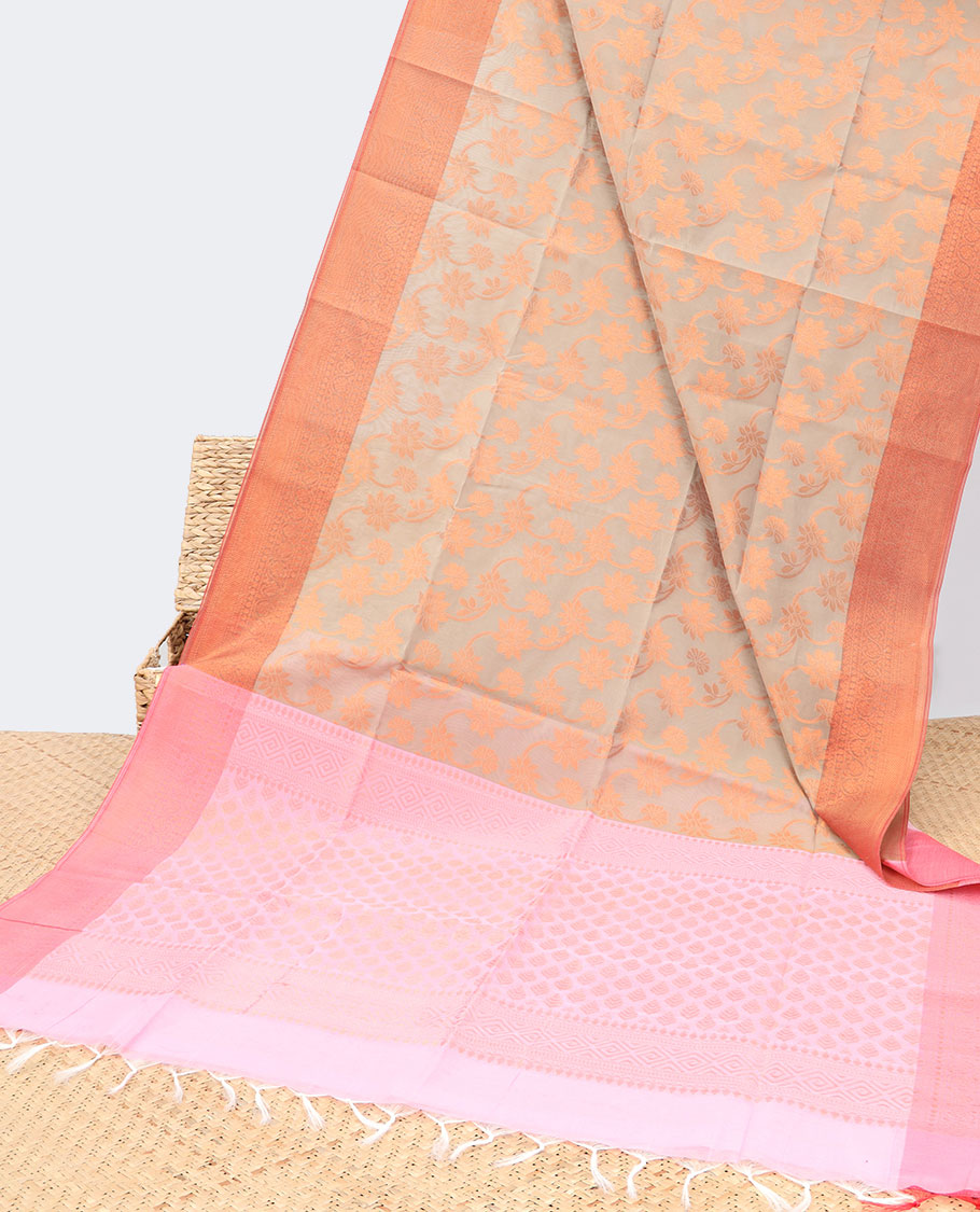Sandal floral jaal design semi-silk cotton saree, traditional zari design border & intricate pallu