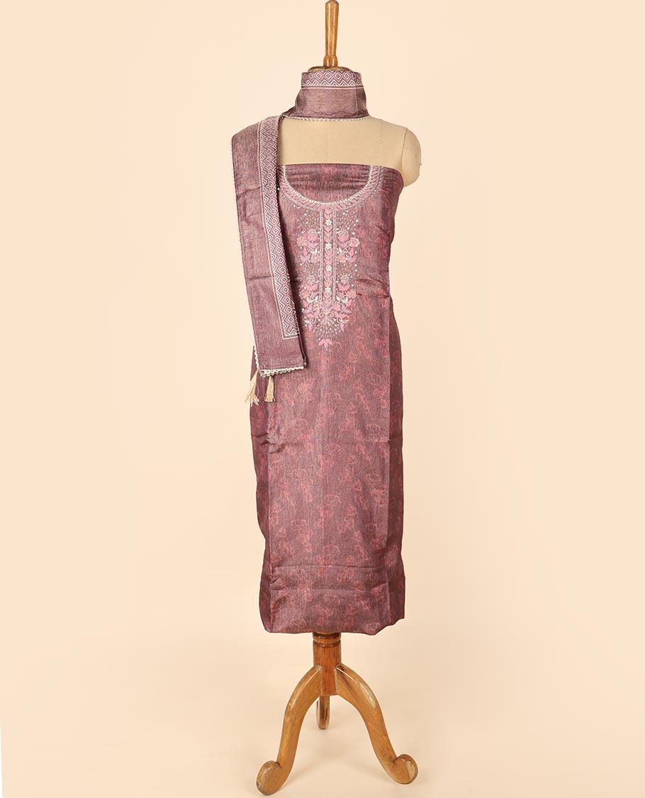 Brown material chudidhar set, print & embroidered top, plain bottom & floral printed dupatta