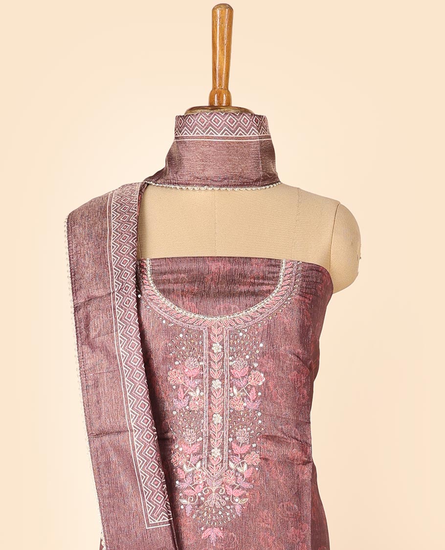 Brown material chudidhar set, print & embroidered top, plain bottom & floral printed dupatta