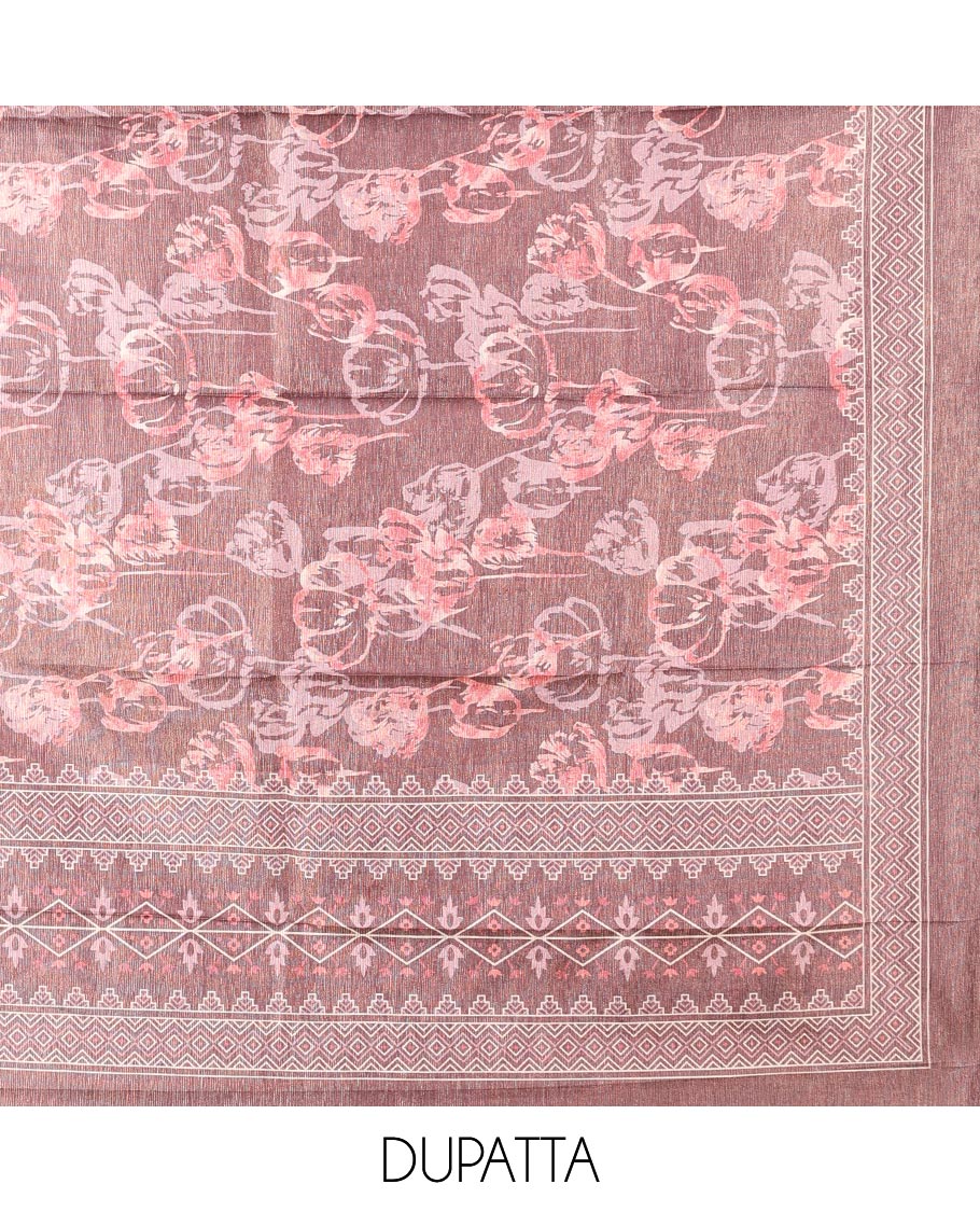 Brown material chudidhar set, print & embroidered top, plain bottom & floral printed dupatta