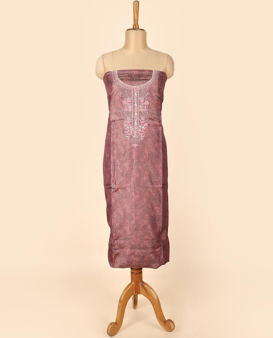 Brown material chudidhar set, print & embroidered top, plain bottom & floral printed dupatta